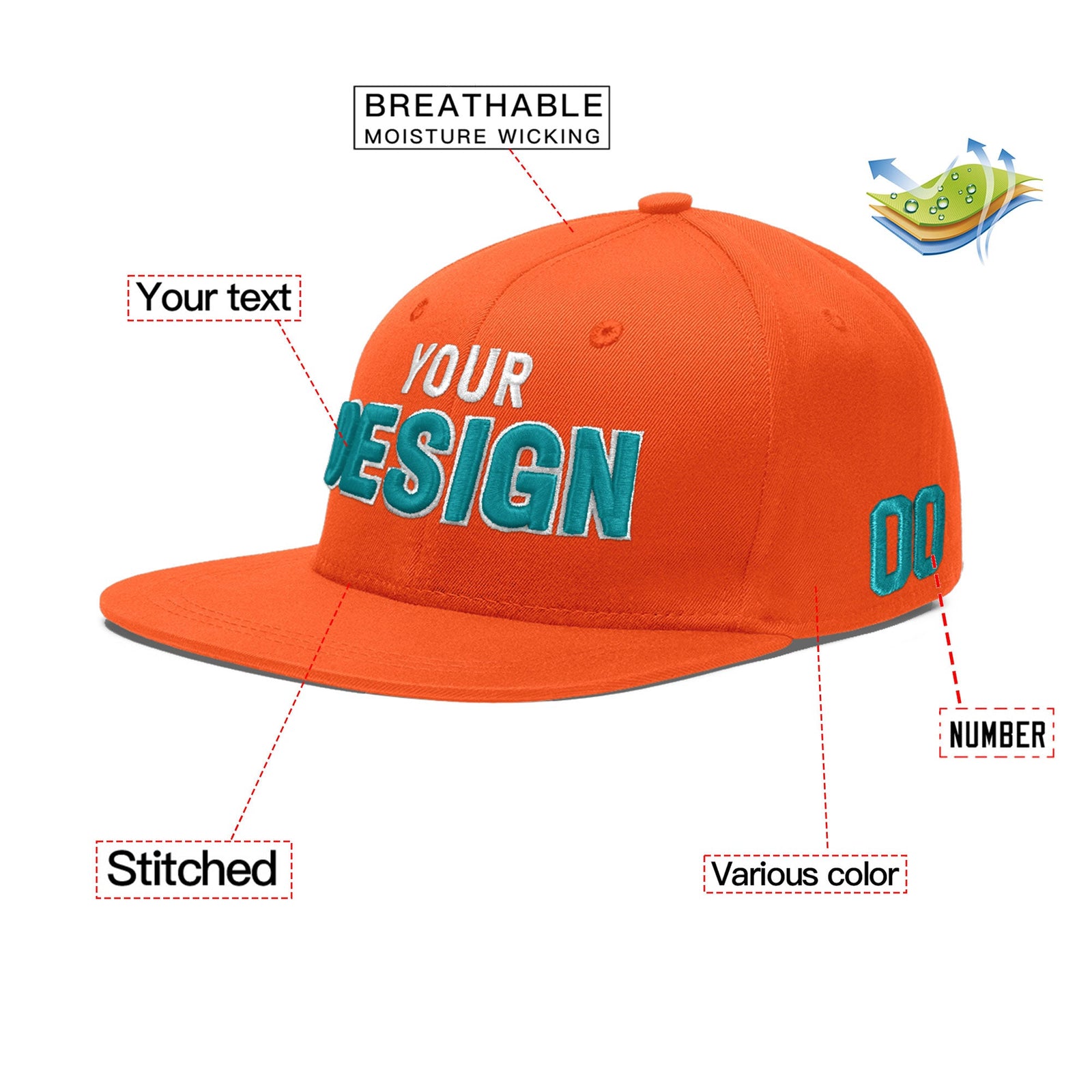 Custom Orange 3D Puff Embroidery Flat Embroidery Casual Sport Baseball Cap
