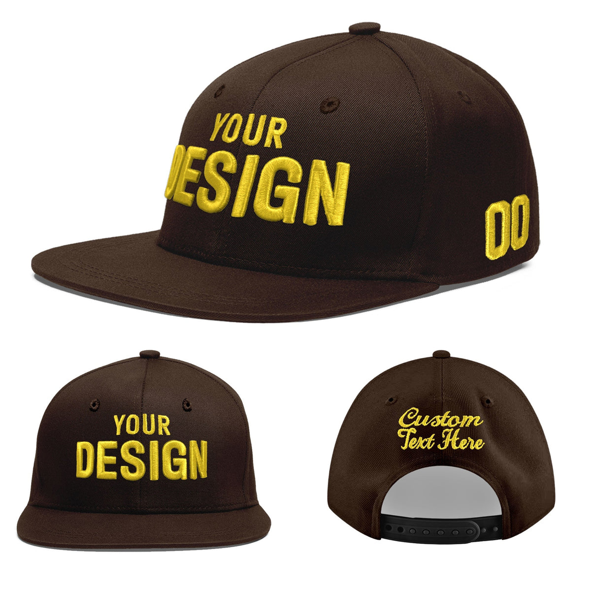 Custom Brown 3D Puff Embroidery Flat Embroidery Casual Sport Baseball Cap