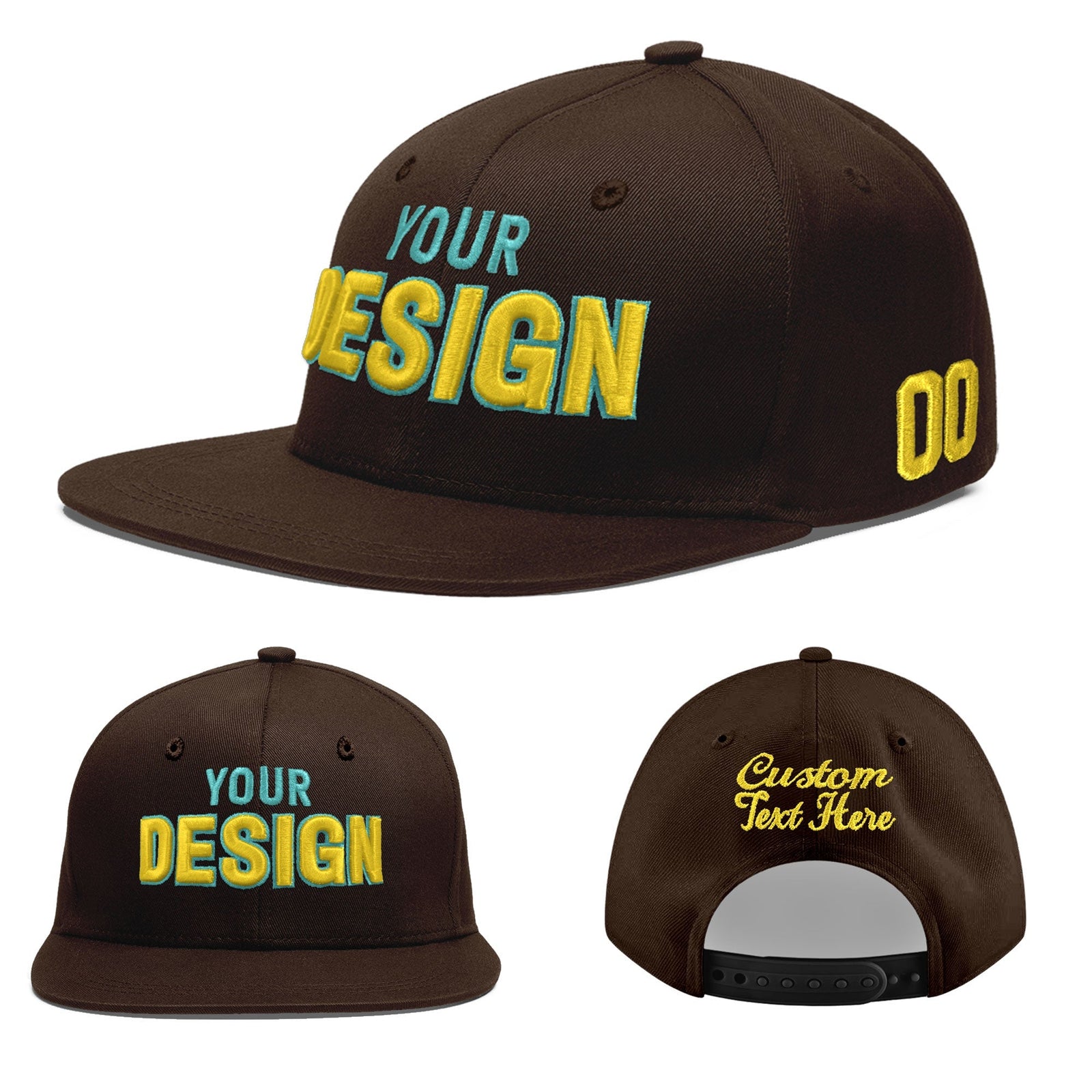 Custom Brown 3D Puff Embroidery Flat Embroidery Casual Sport Baseball Cap