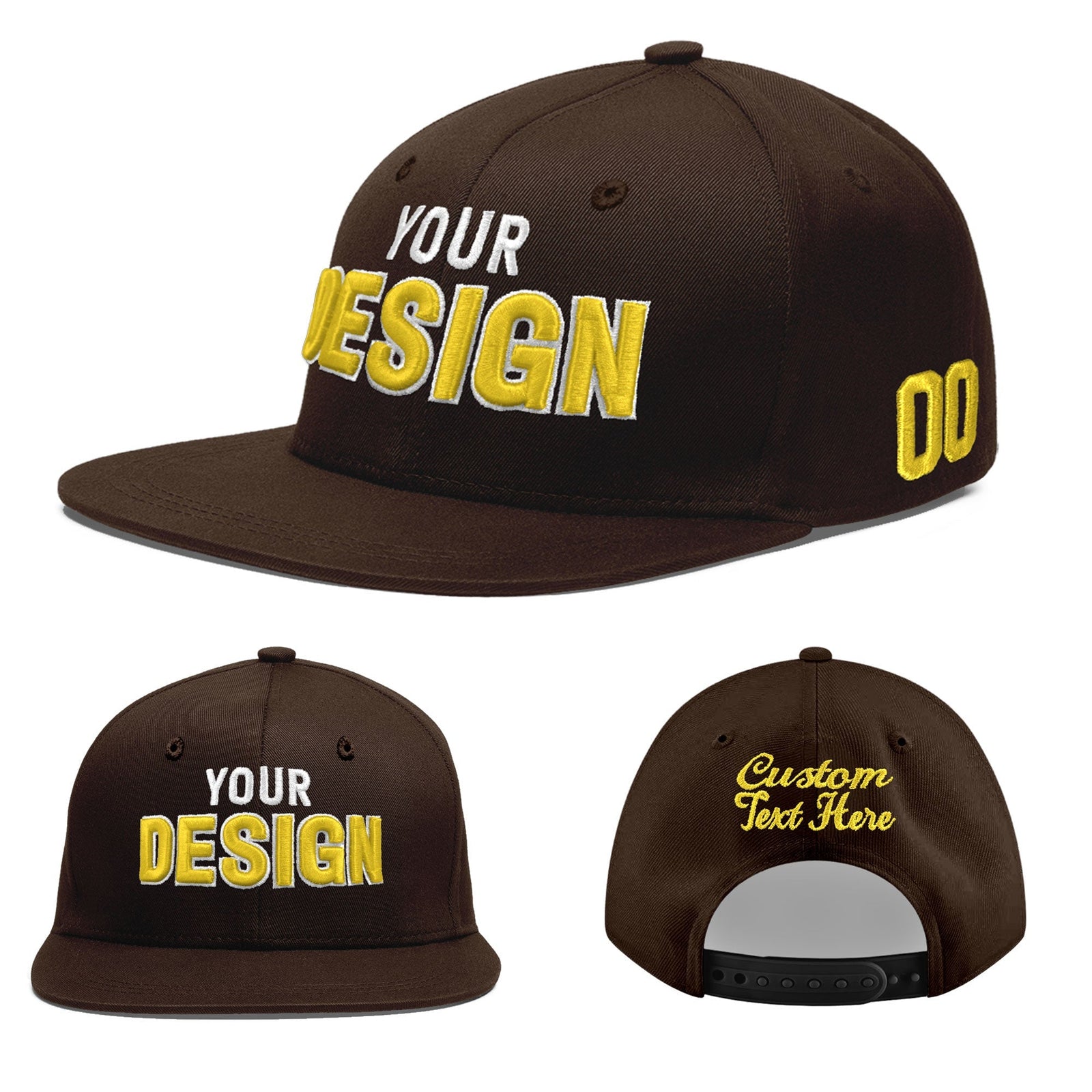 Custom Brown 3D Puff Embroidery Flat Embroidery Casual Sport Baseball Cap