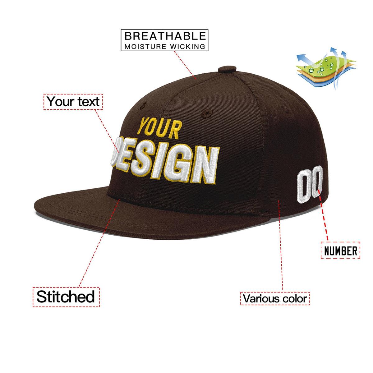Custom Brown 3D Puff Embroidery Flat Embroidery Casual Sport Baseball Cap