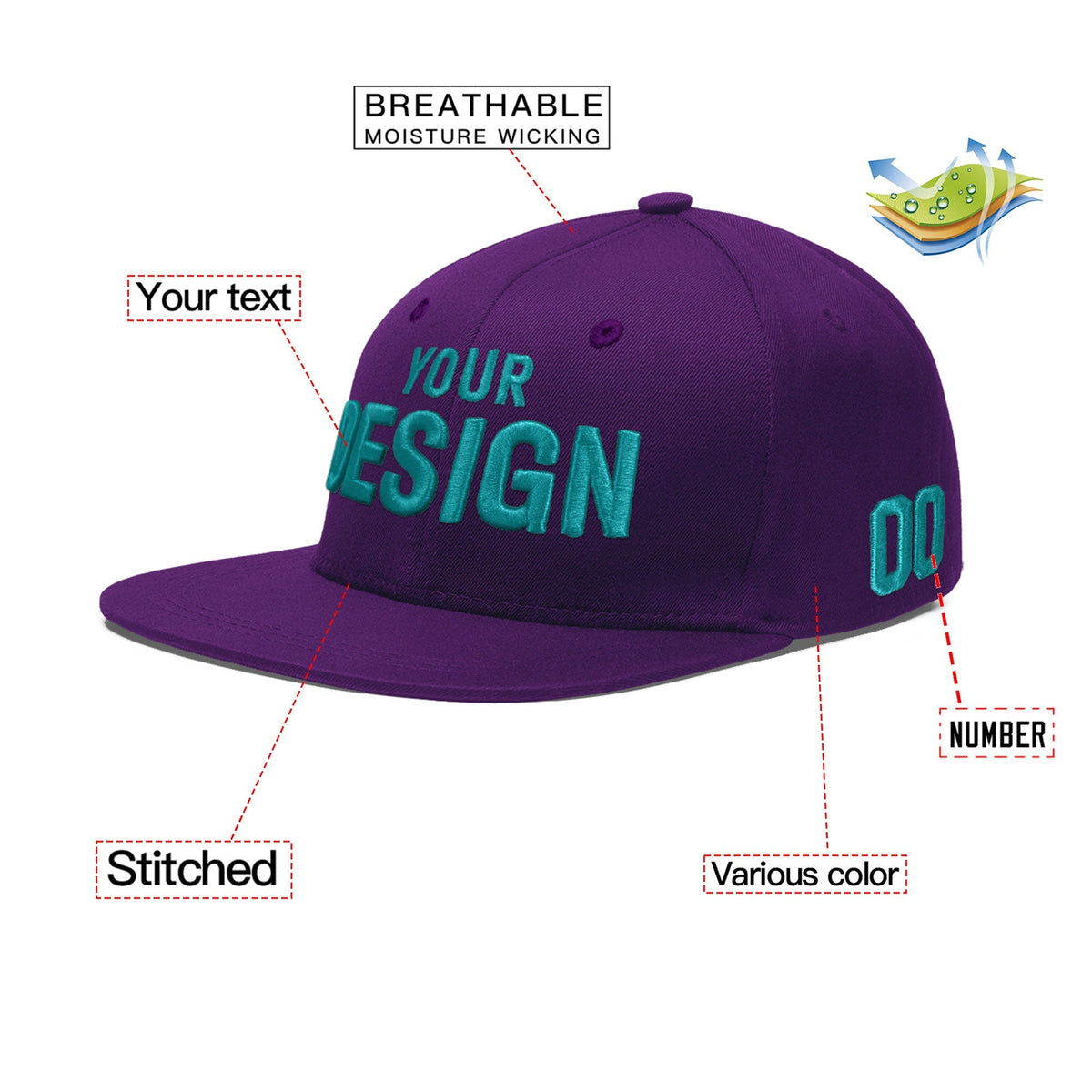 Custom Purple 3D Puff Embroidery Flat Embroidery Casual Sport Baseball Cap