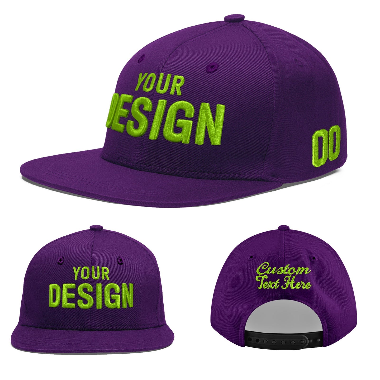 Custom Purple 3D Puff Embroidery Flat Embroidery Casual Sport Baseball Cap