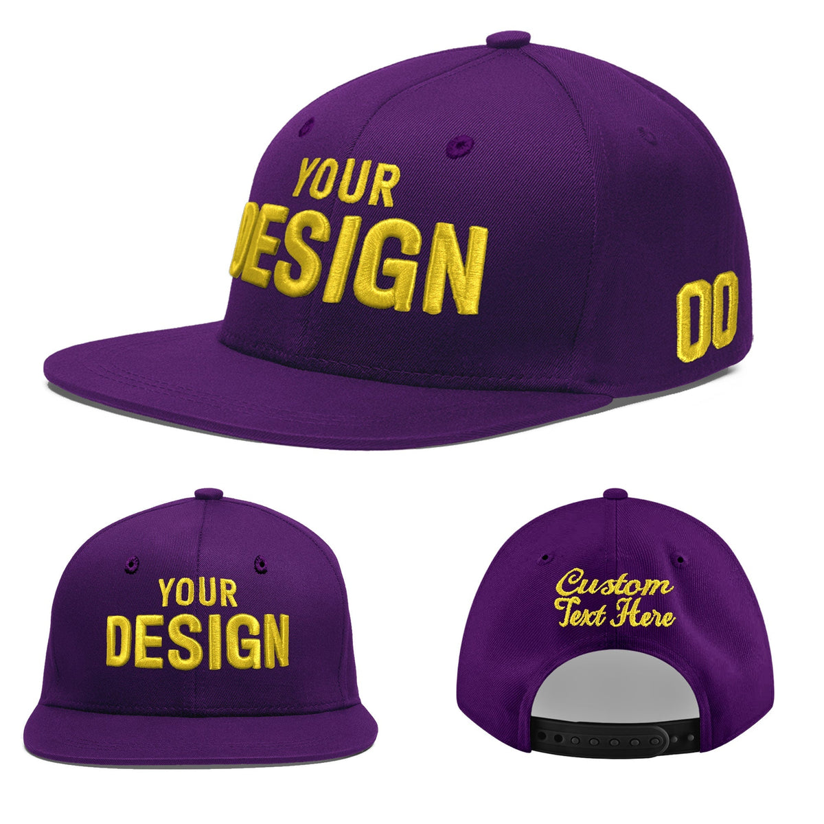 Custom Purple 3D Puff Embroidery Flat Embroidery Casual Sport Baseball Cap