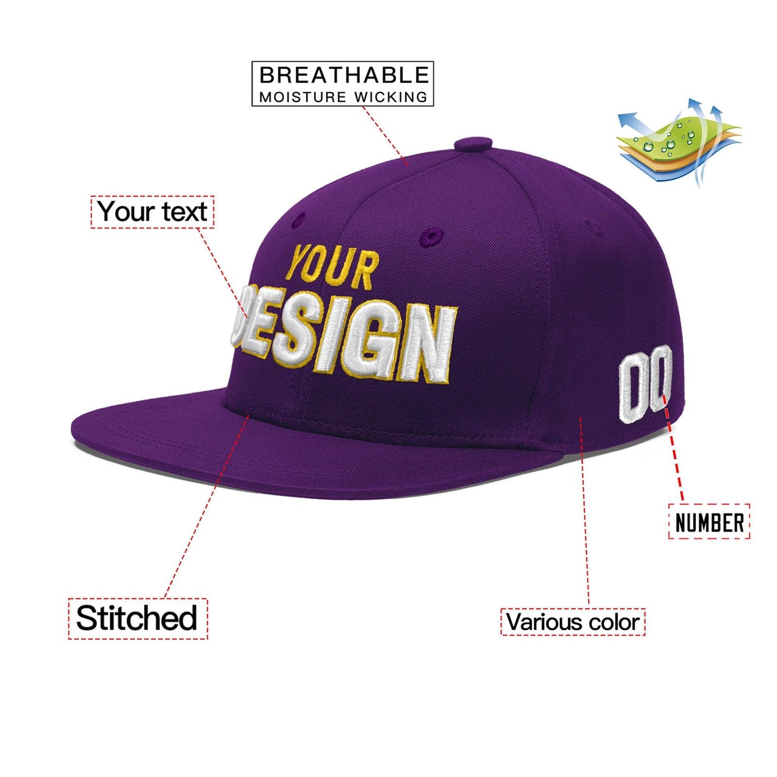 Custom Purple 3D Puff Embroidery Flat Embroidery Casual Sport Baseball Cap