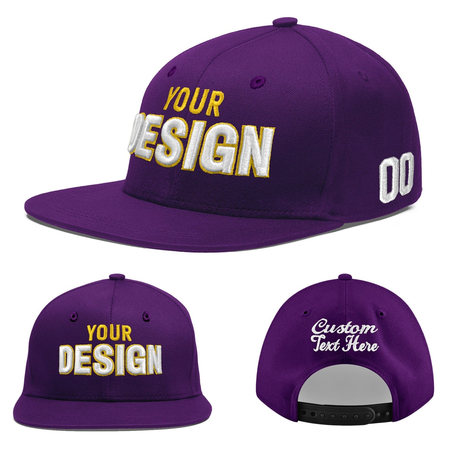 Custom Purple 3D Puff Embroidery Flat Embroidery Casual Sport Baseball Cap