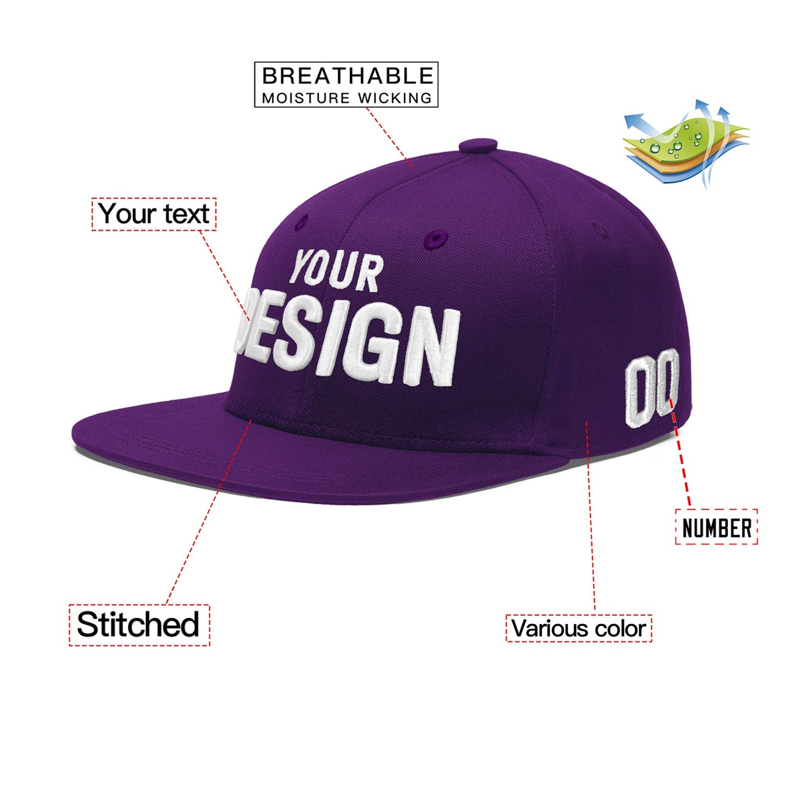 Custom Purple 3D Puff Embroidery Flat Embroidery Casual Sport Baseball Cap