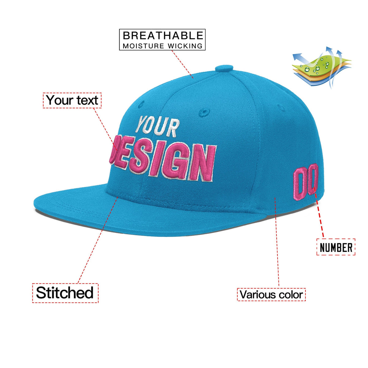 Custom Light Blue 3D Puff Embroidery Flat Embroidery Casual Sport Baseball Cap