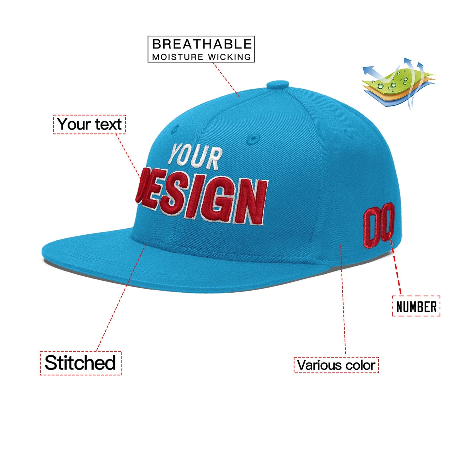Custom Light Blue 3D Puff Embroidery Flat Embroidery Casual Sport Baseball Cap