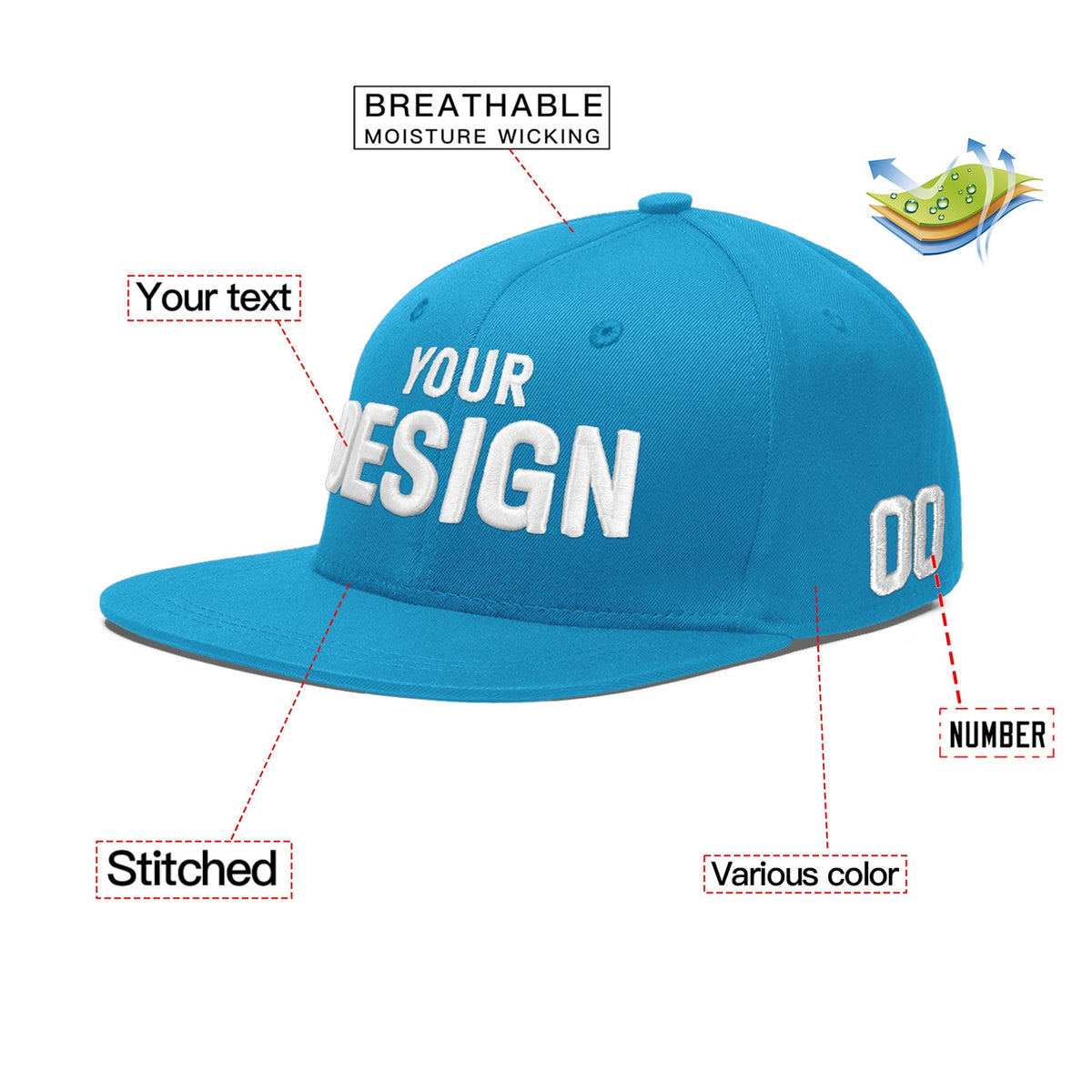 Custom Light Blue 3D Puff Embroidery Flat Embroidery Casual Sport Baseball Cap