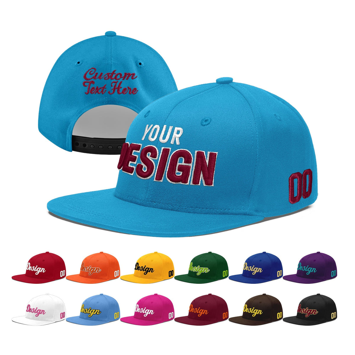 Custom Light Blue 3D Puff Embroidery Flat Embroidery Casual Sport Baseball Cap