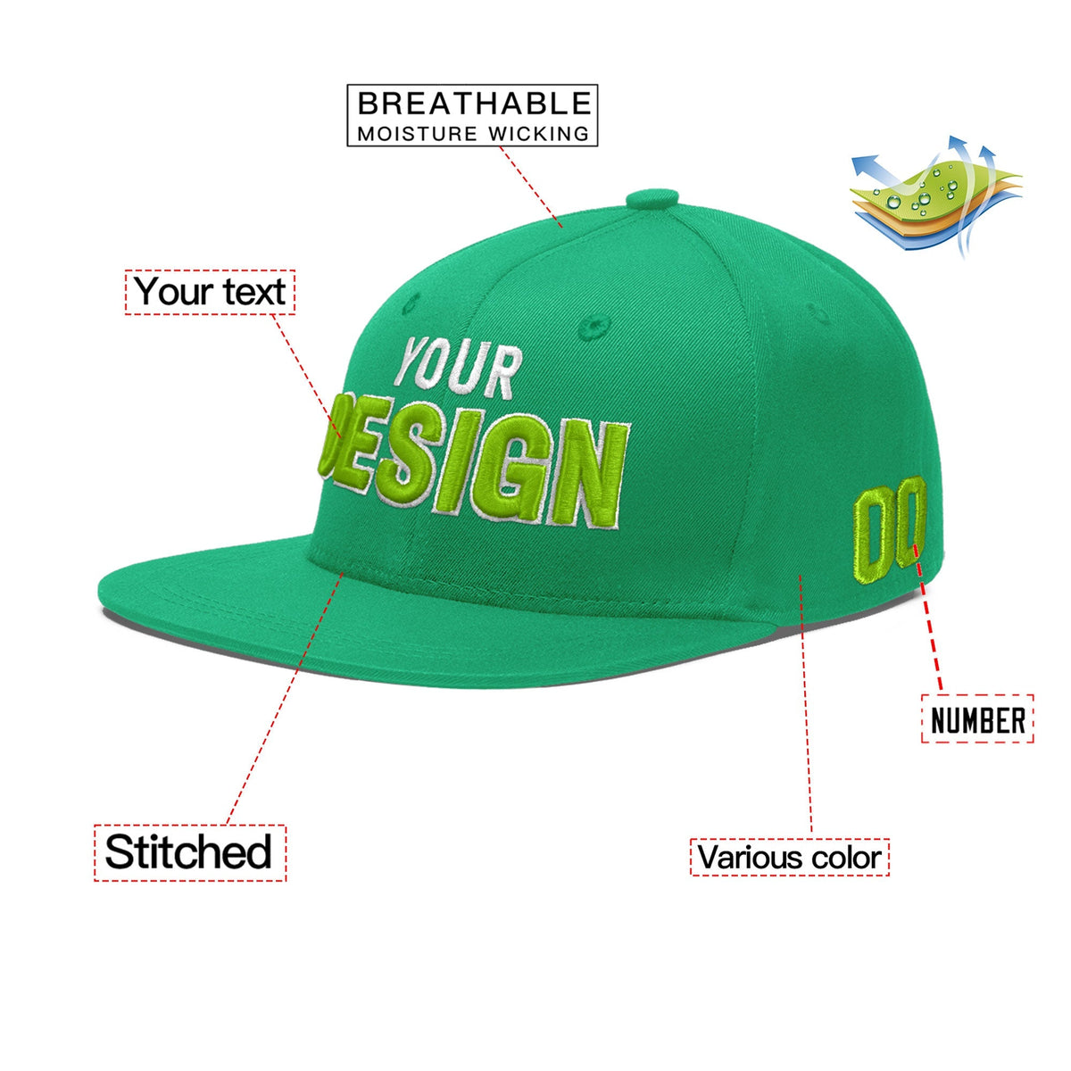 Custom Aqua 3D Puff Embroidery Flat Embroidery Casual Sport Baseball Cap
