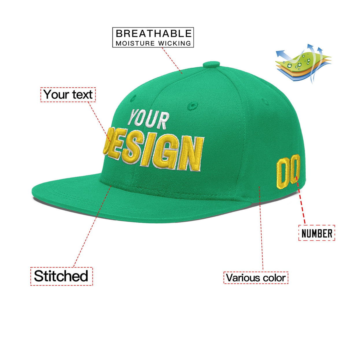 Custom Aqua 3D Puff Embroidery Flat Embroidery Casual Sport Baseball Cap