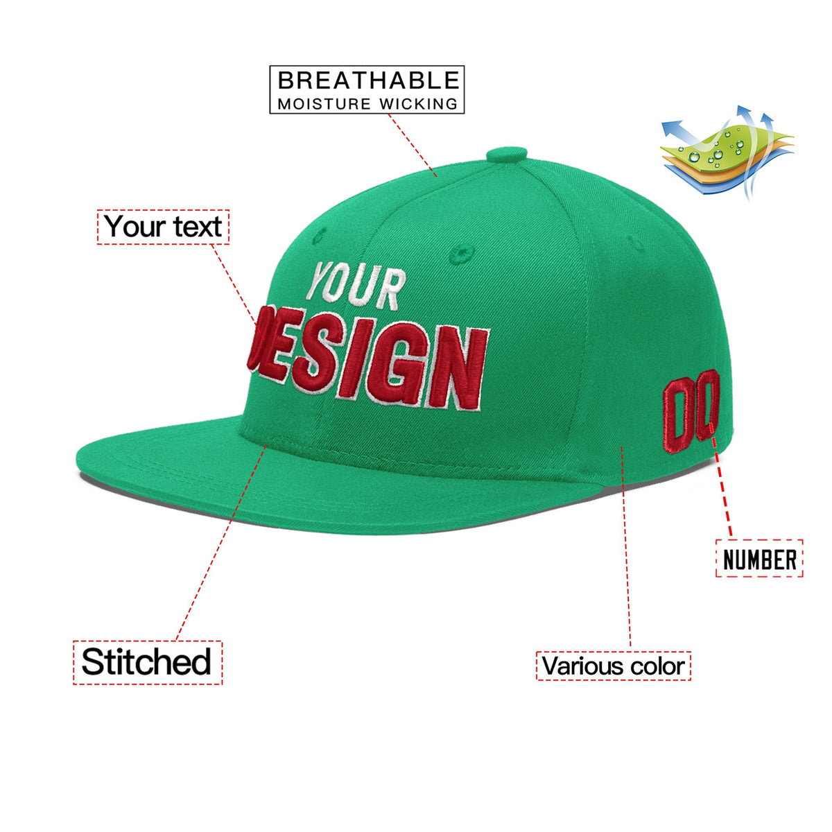 Custom Aqua 3D Puff Embroidery Flat Embroidery Casual Sport Baseball Cap