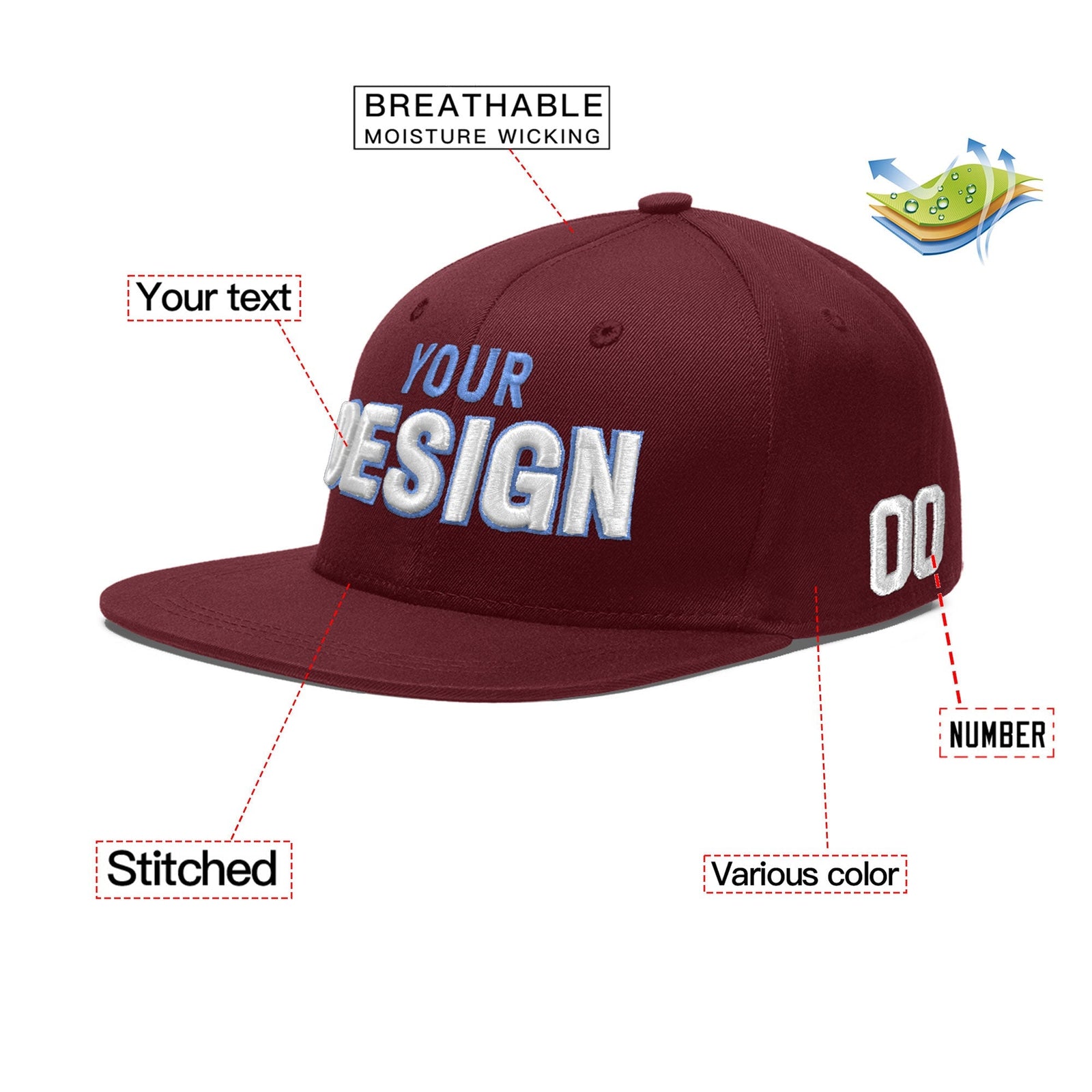 Custom Maroon 3D Puff Embroidery Flat Embroidery Casual Sport Baseball Cap