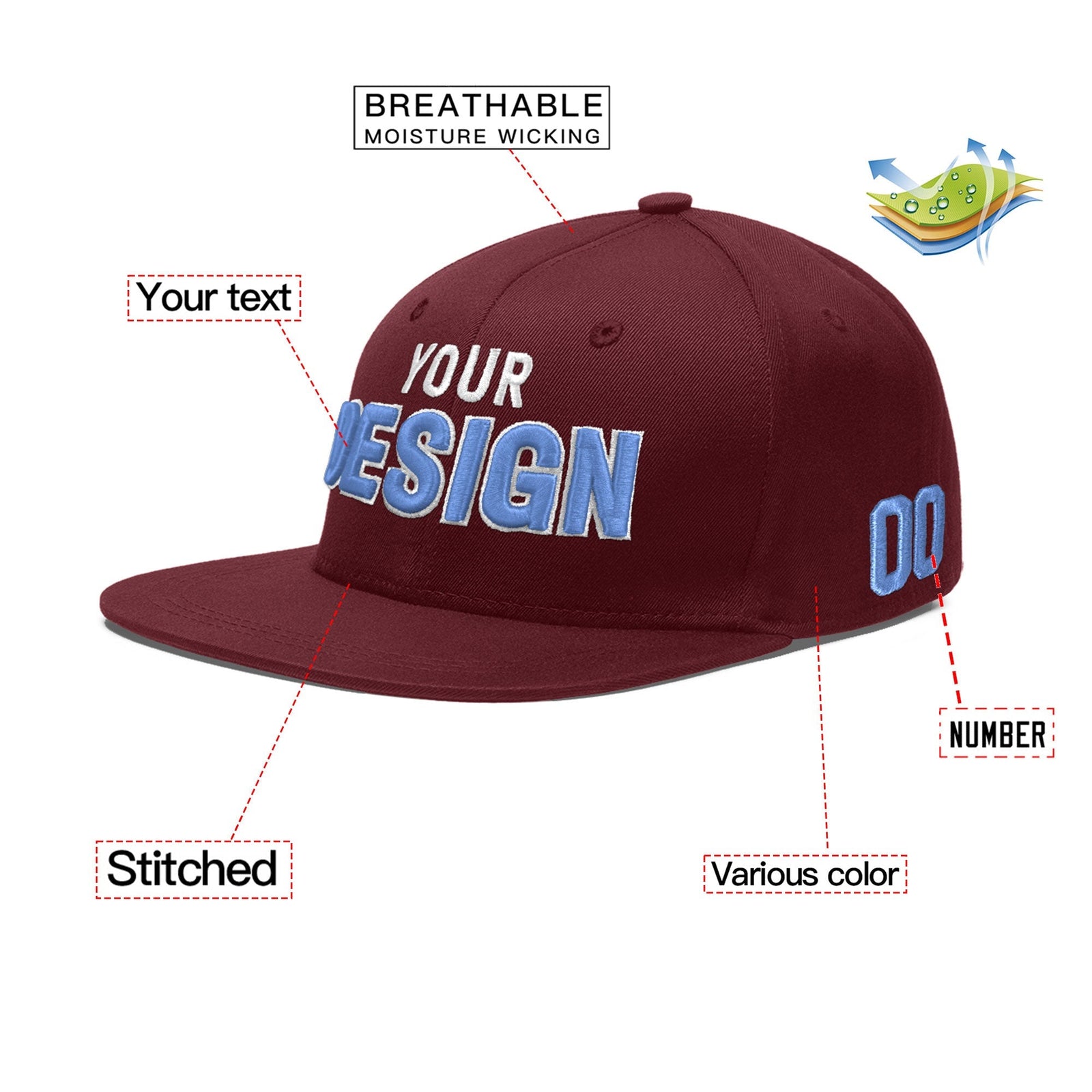 Custom Maroon 3D Puff Embroidery Flat Embroidery Casual Sport Baseball Cap