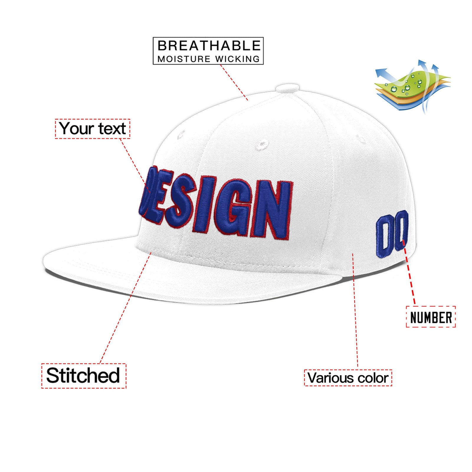 Custom White 3D Puff Embroidery Flat Embroidery Casual Sport Baseball Cap