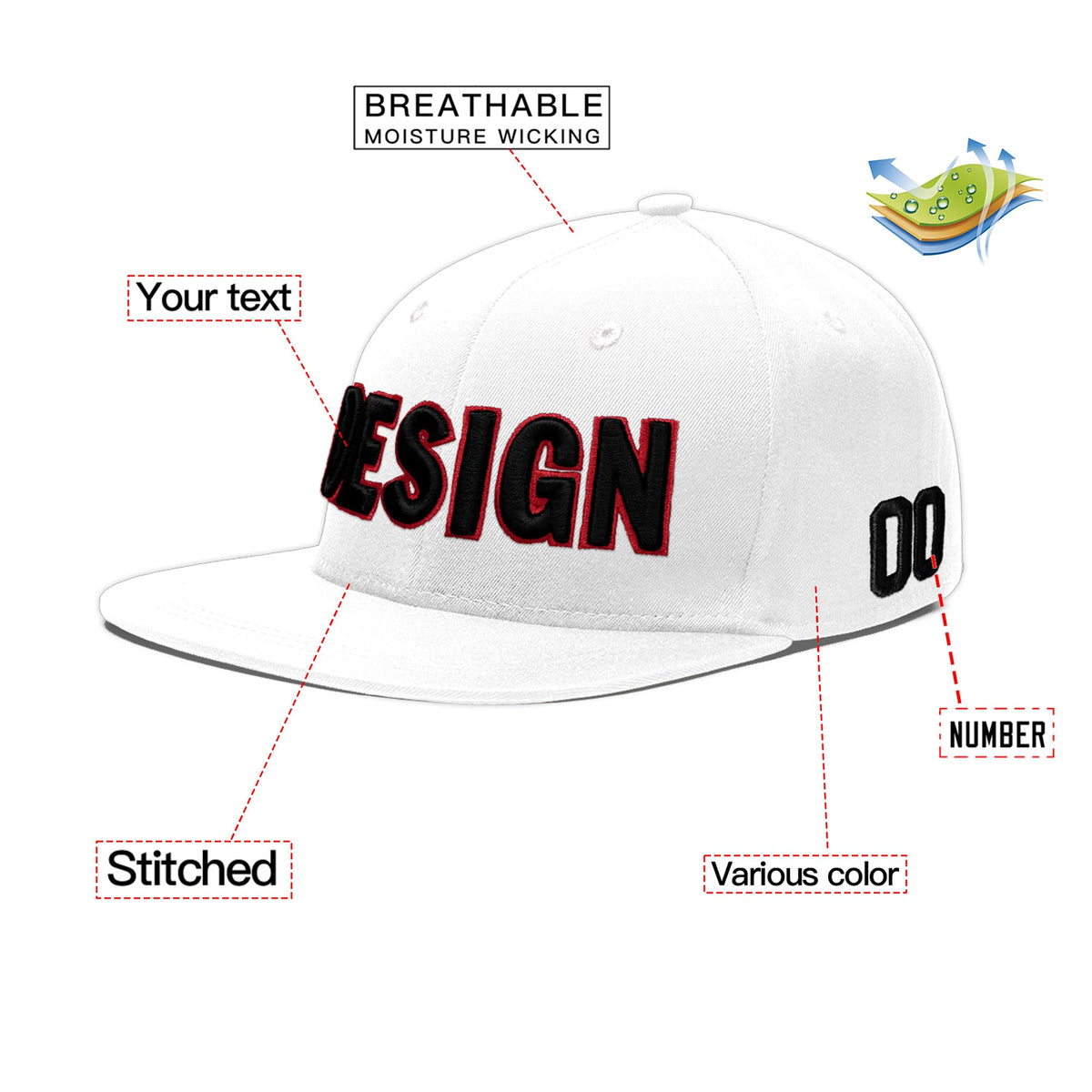 Custom White 3D Puff Embroidery Flat Embroidery Casual Sport Baseball Cap