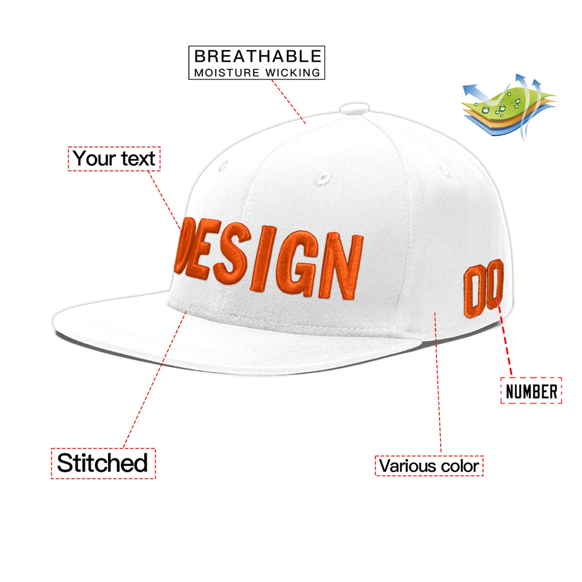Custom White 3D Puff Embroidery Flat Embroidery Casual Sport Baseball Cap