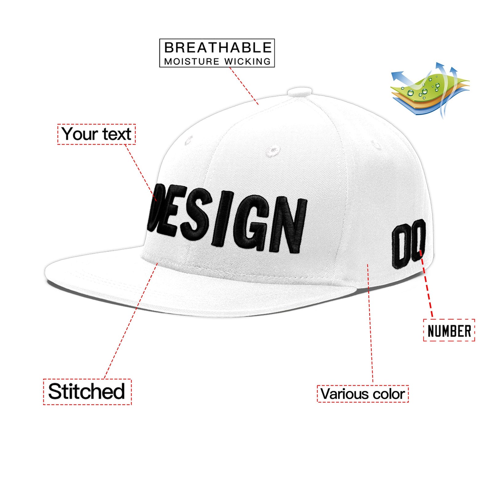 Custom White 3D Puff Embroidery Flat Embroidery Casual Sport Baseball Cap