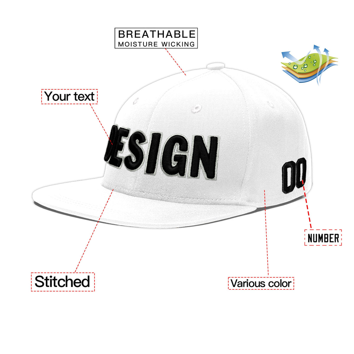 Custom White 3D Puff Embroidery Flat Embroidery Casual Sport Baseball Cap