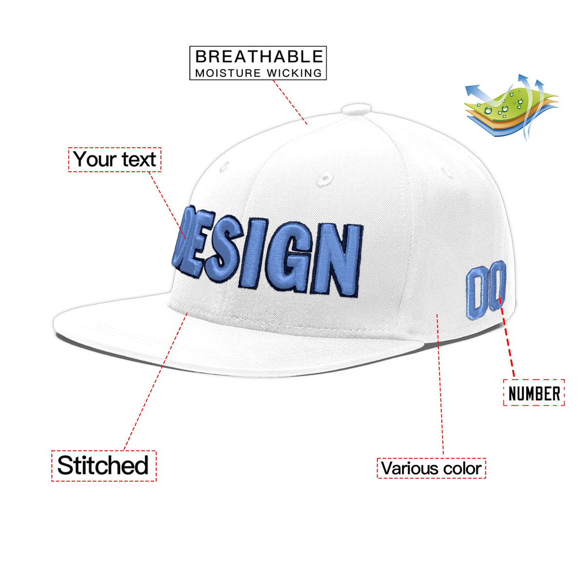 Custom White 3D Puff Embroidery Flat Embroidery Casual Sport Baseball Cap