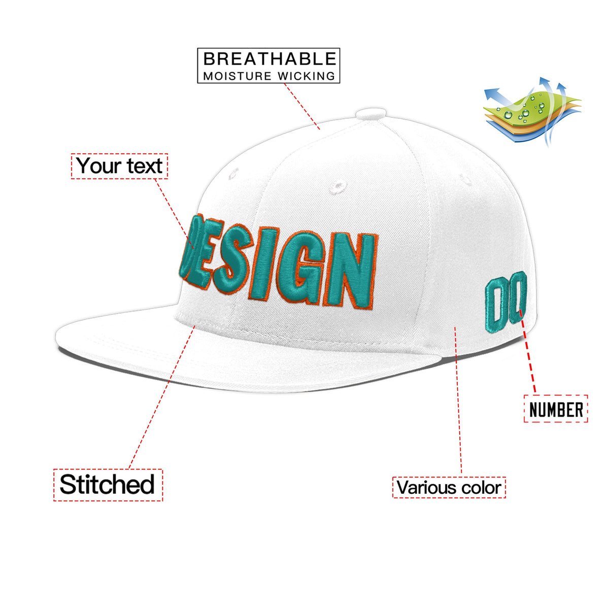 Custom White 3D Puff Embroidery Flat Embroidery Casual Sport Baseball Cap