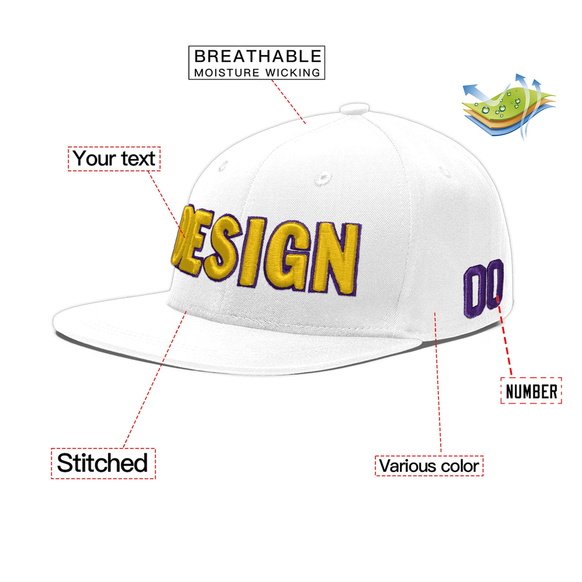 Custom White 3D Puff Embroidery Flat Embroidery Casual Sport Baseball Cap