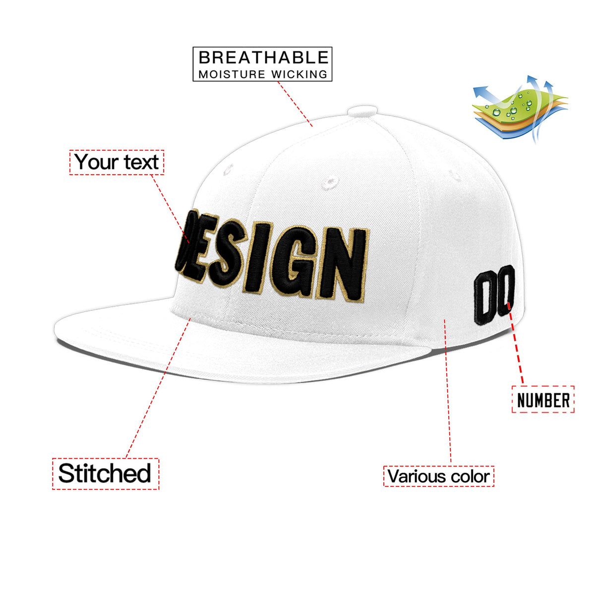 Custom White 3D Puff Embroidery Flat Embroidery Casual Sport Baseball Cap