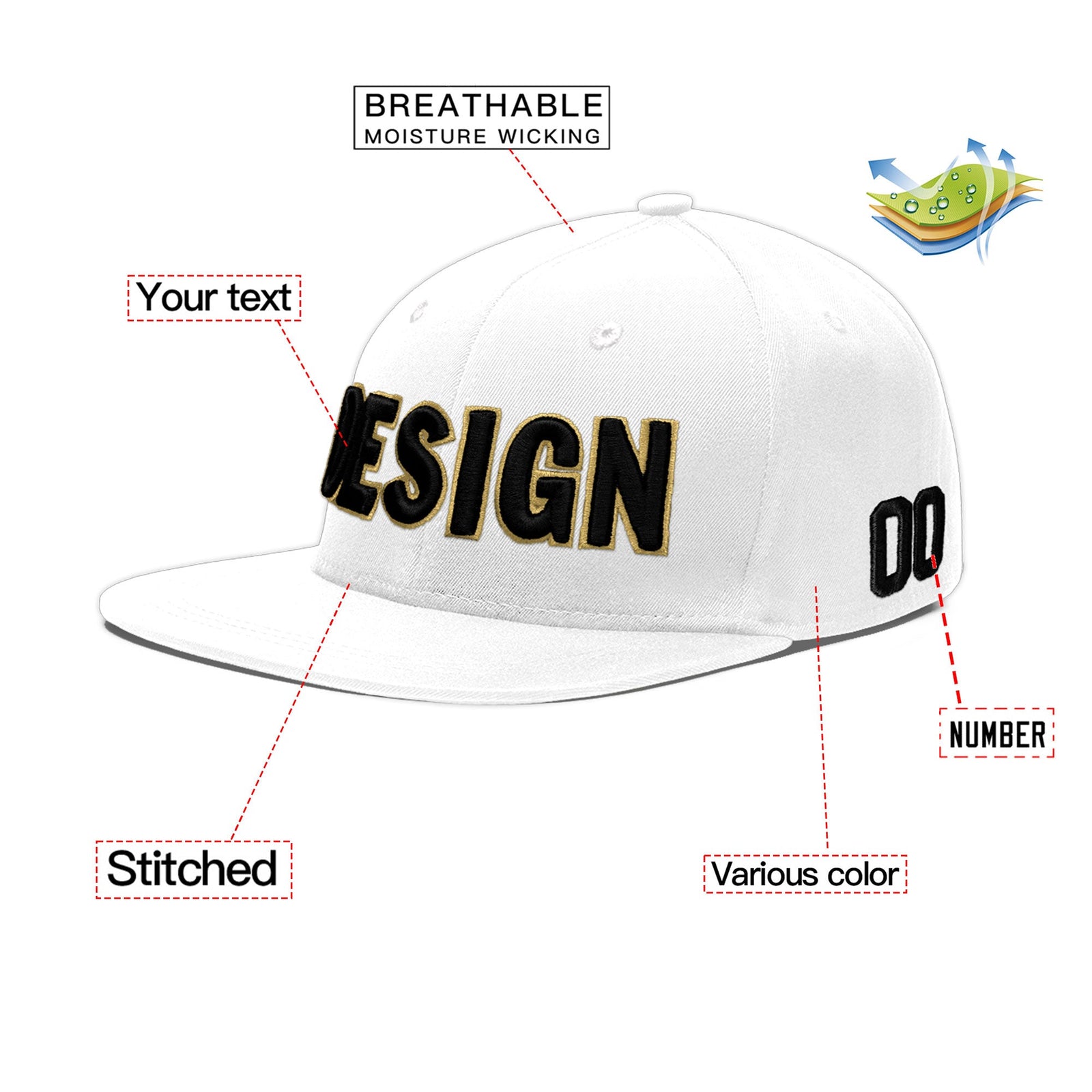 Custom White 3D Puff Embroidery Flat Embroidery Casual Sport Baseball Cap