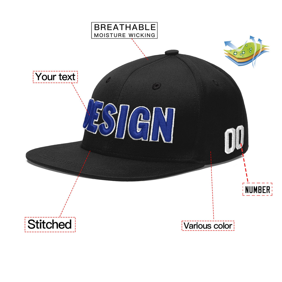 Custom Black 3D Puff Embroidery Flat Embroidery Casual Sport Baseball Cap