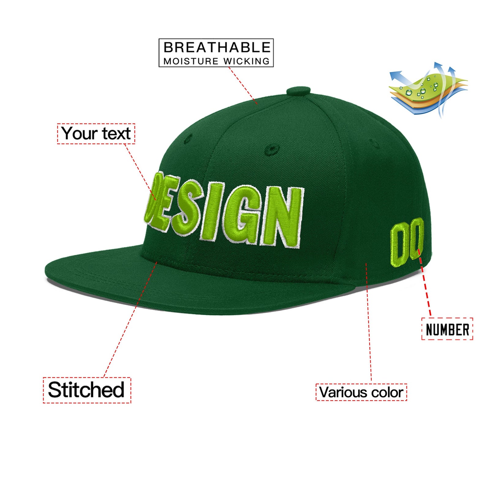 Custom Green 3D Puff Embroidery Flat Embroidery Casual Sport Baseball Cap
