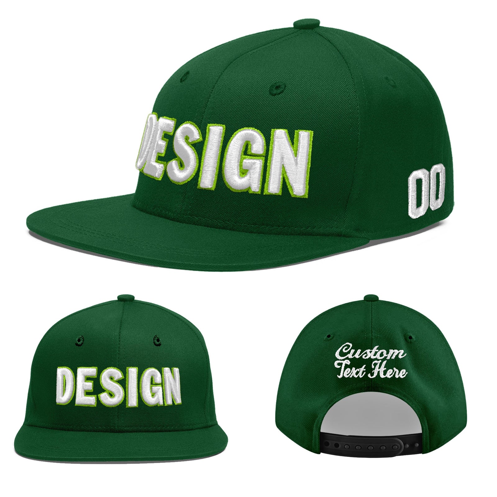 Custom Green 3D Puff Embroidery Flat Embroidery Casual Sport Baseball Cap