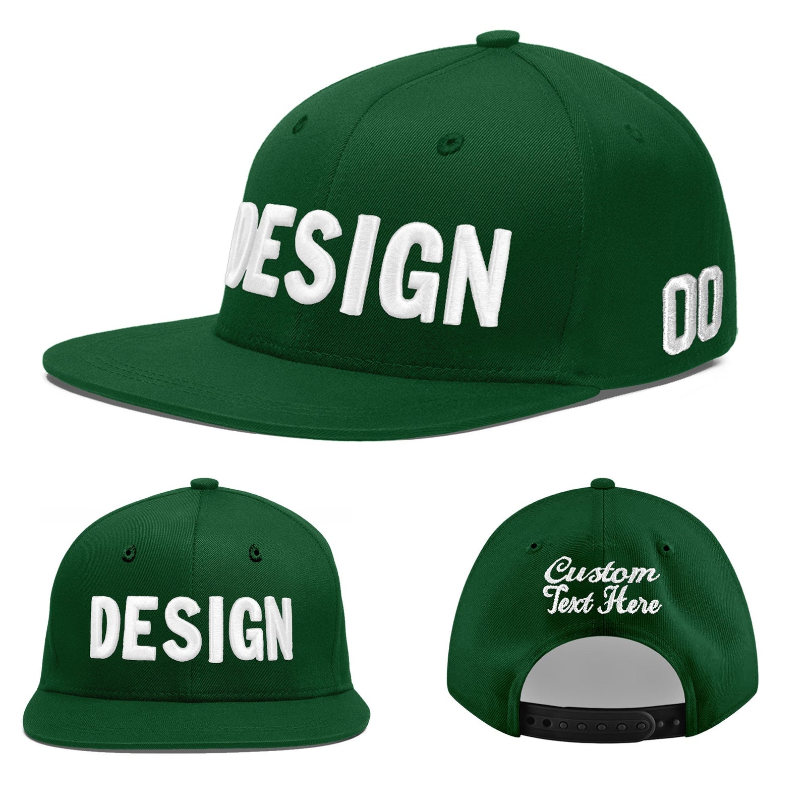 Custom Green 3D Puff Embroidery Flat Embroidery Casual Sport Baseball Cap