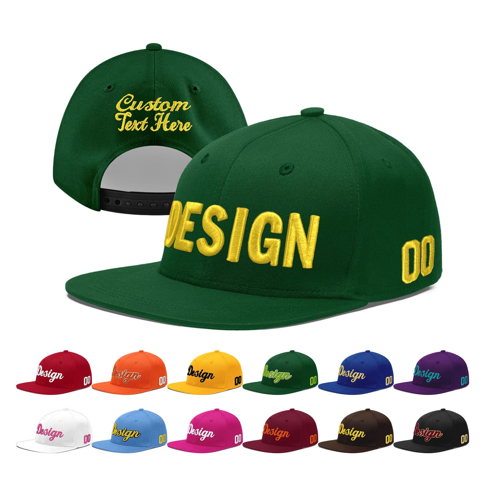 Custom Green 3D Puff Embroidery Flat Embroidery Casual Sport Baseball Cap