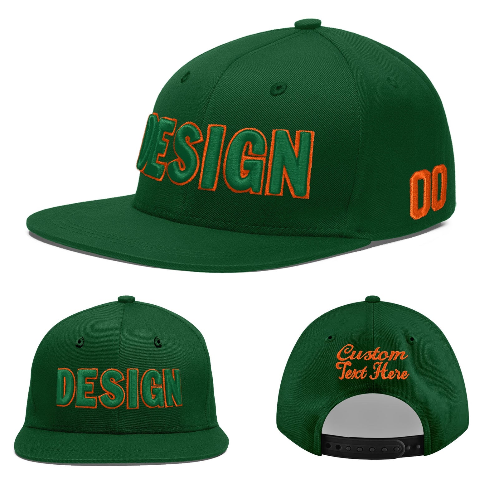 Custom Green 3D Puff Embroidery Flat Embroidery Casual Sport Baseball Cap