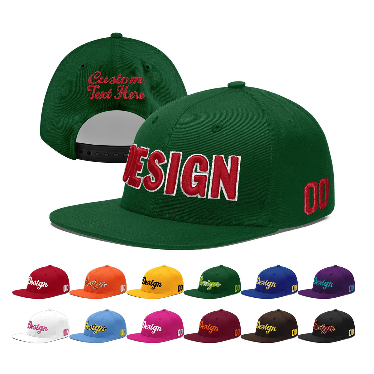 Custom Green 3D Puff Embroidery Flat Embroidery Casual Sport Baseball Cap