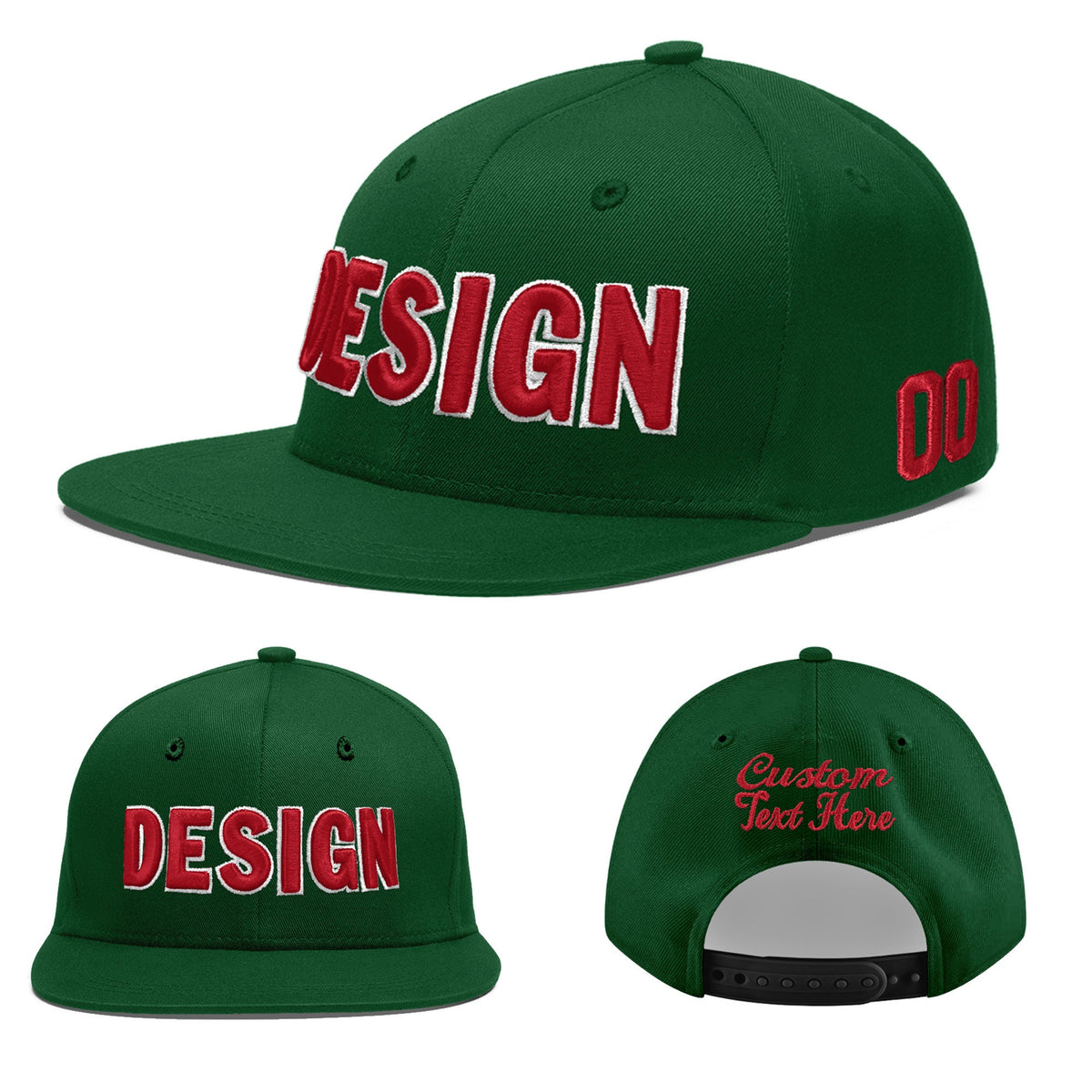 Custom Green 3D Puff Embroidery Flat Embroidery Casual Sport Baseball Cap
