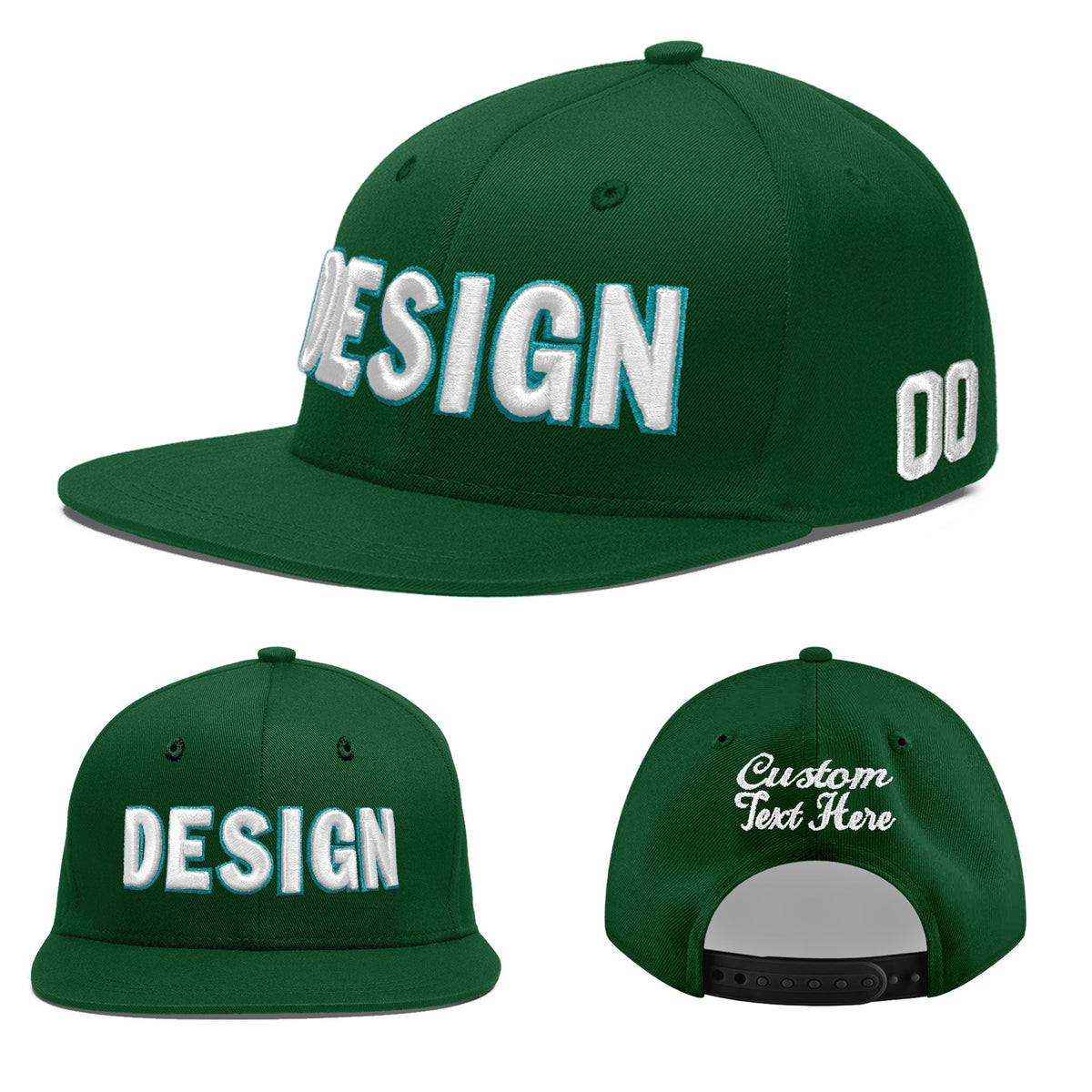 Custom Green 3D Puff Embroidery Flat Embroidery Casual Sport Baseball Cap