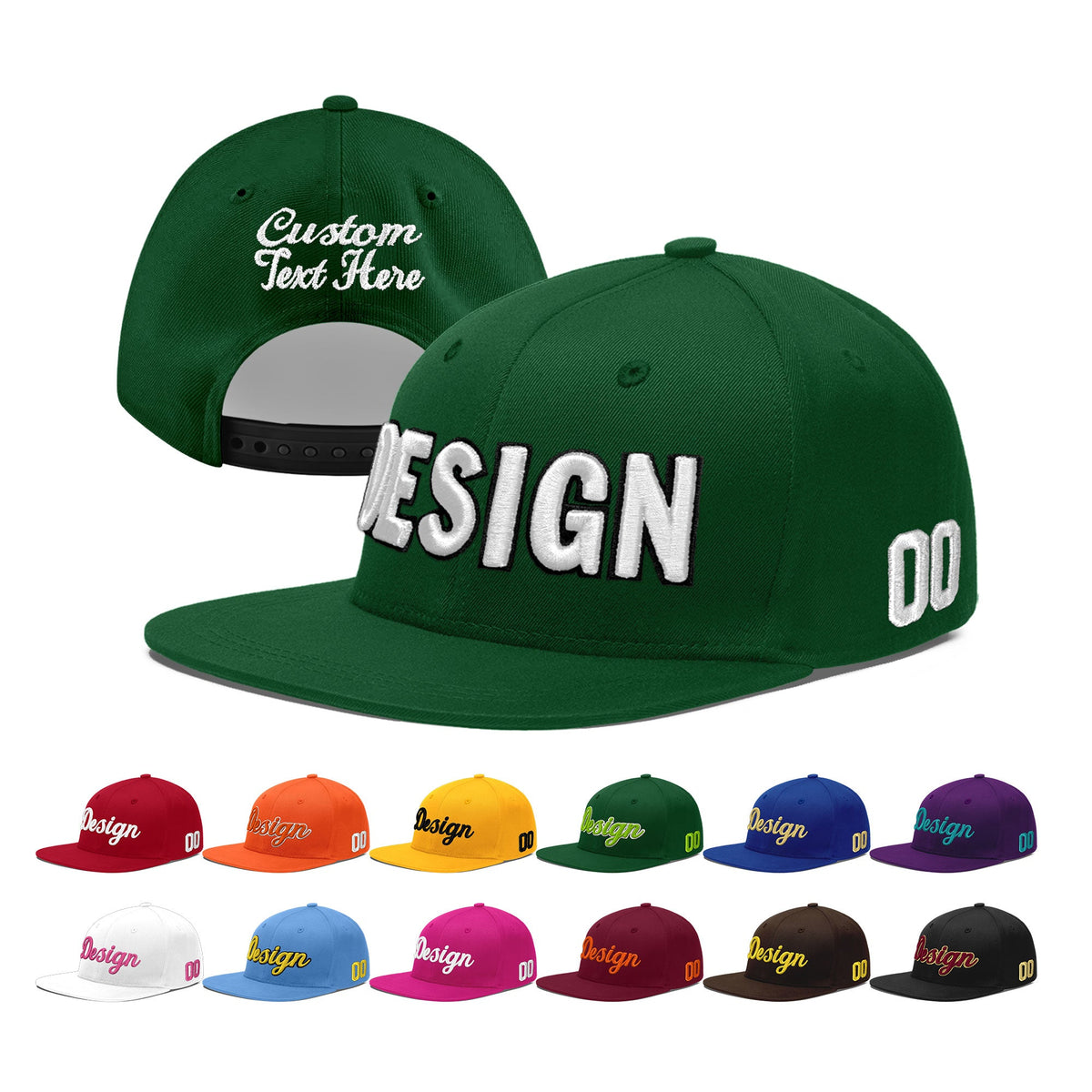Custom Green 3D Puff Embroidery Flat Embroidery Casual Sport Baseball Cap