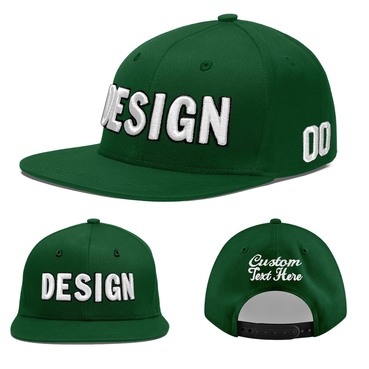 Custom Green 3D Puff Embroidery Flat Embroidery Casual Sport Baseball Cap
