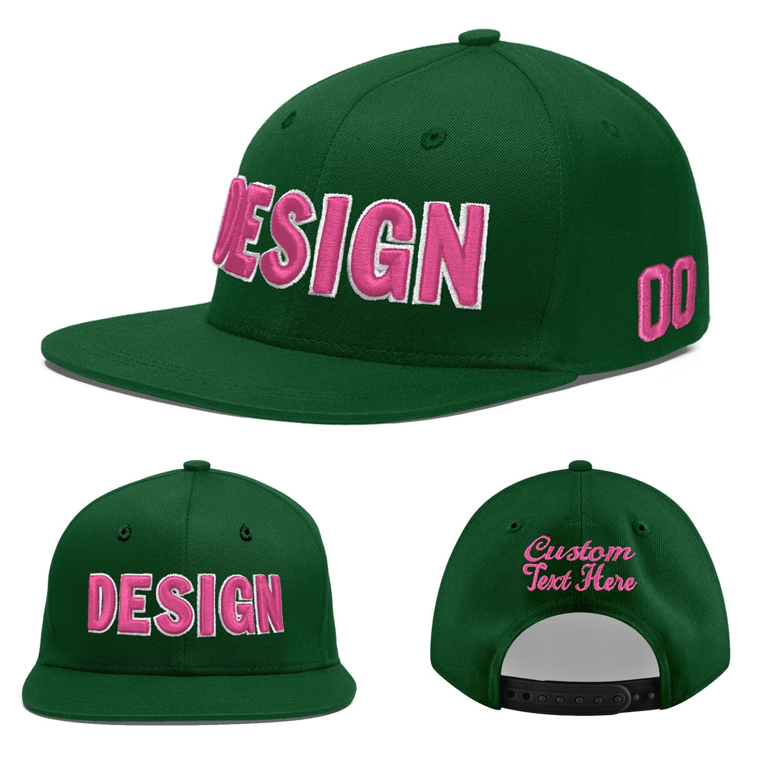 Custom Green 3D Puff Embroidery Flat Embroidery Casual Sport Baseball Cap