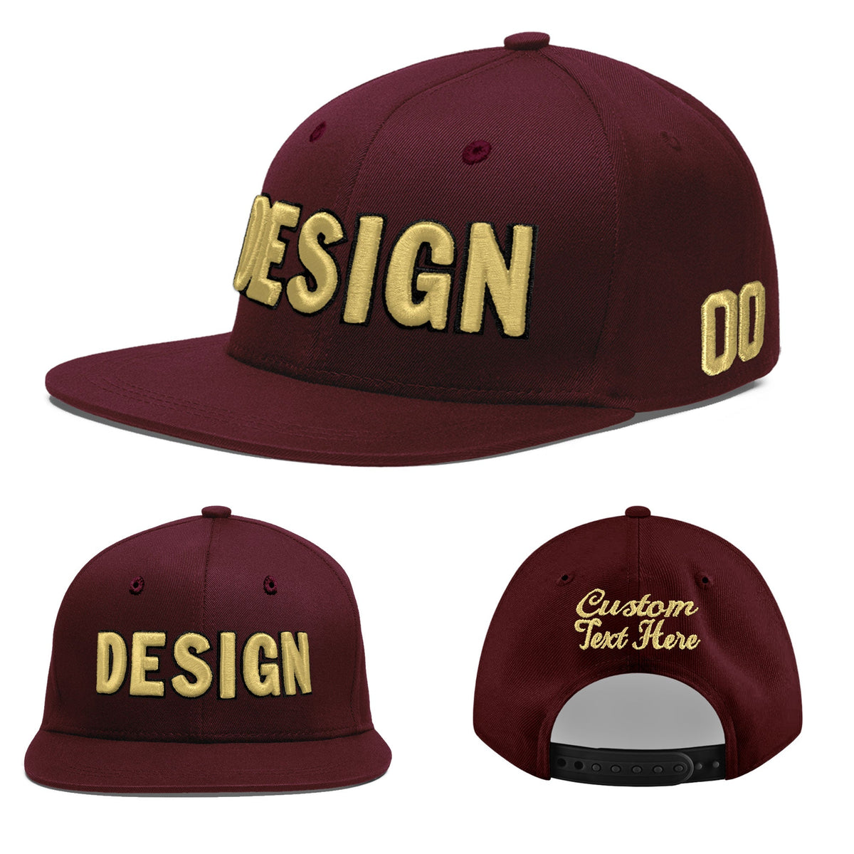 Custom Burgundy 3D Puff Embroidery Flat Embroidery Casual Sport Baseball Cap