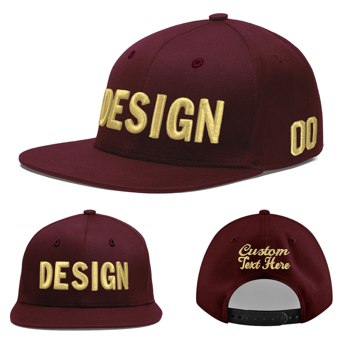 Custom Burgundy 3D Puff Embroidery Flat Embroidery Casual Sport Baseball Cap