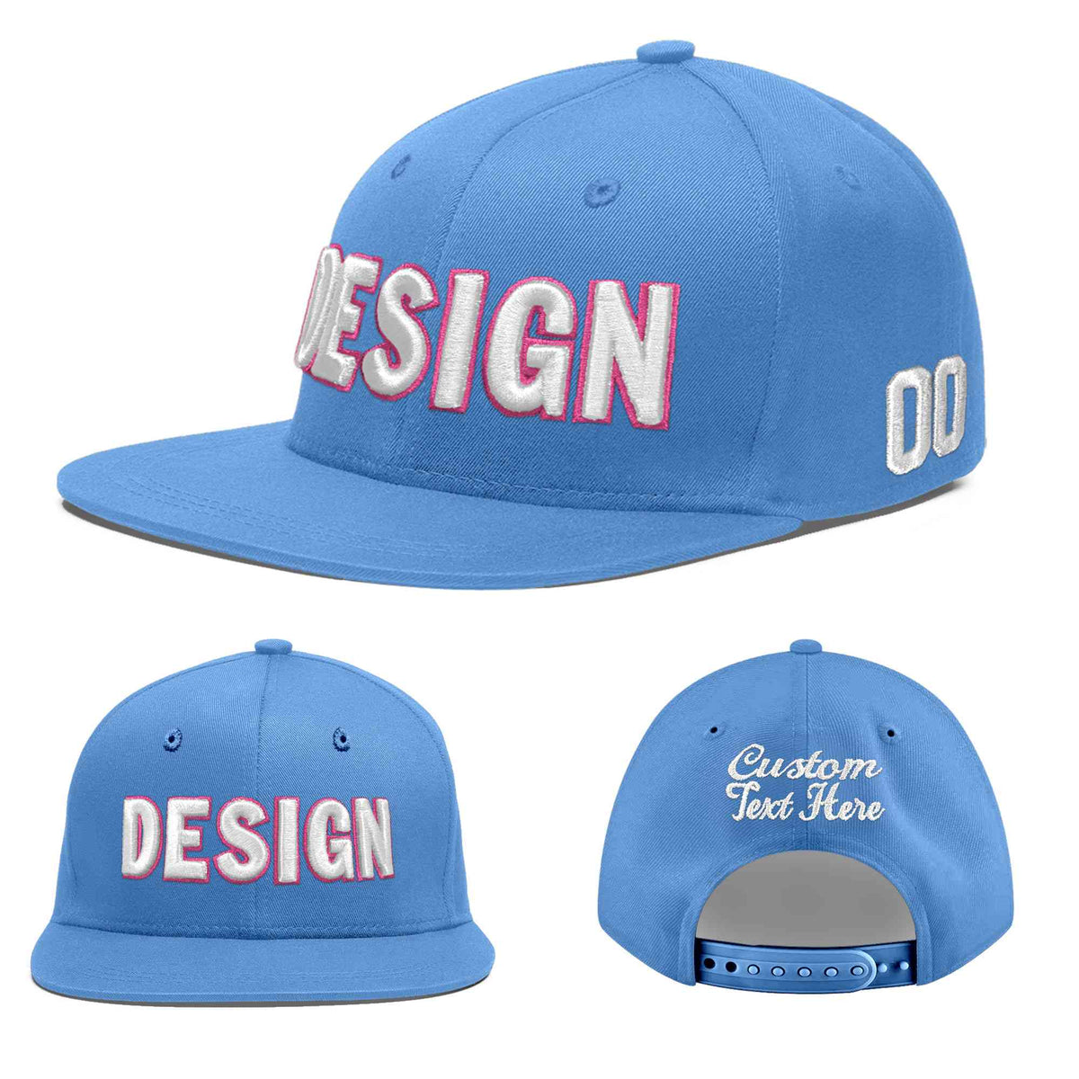Custom Light Blue 3D Puff Embroidery Flat Embroidery Casual Sport Baseball Cap