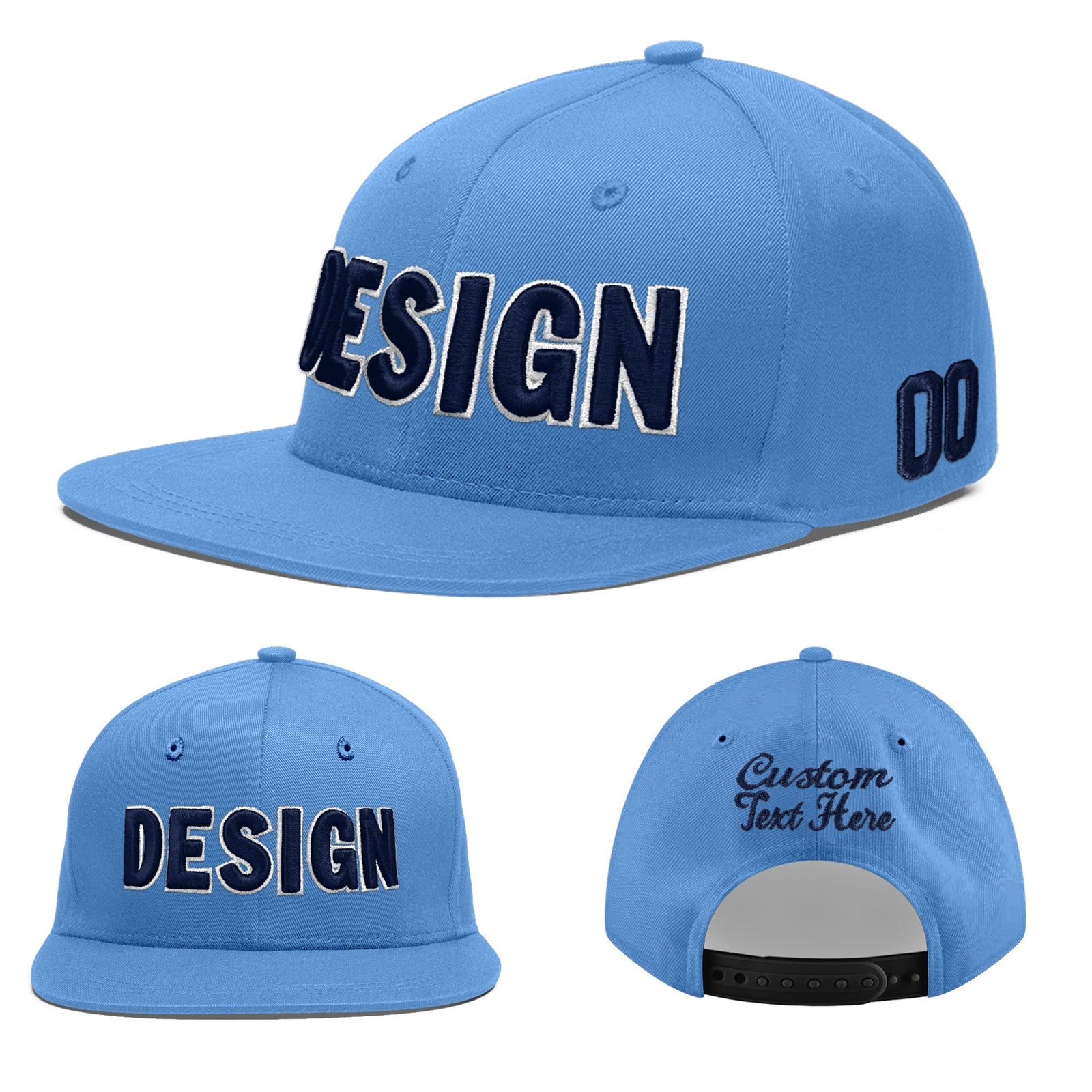 Custom Powder Blue 3D Puff Embroidery Flat Embroidery Casual Sport Baseball Cap