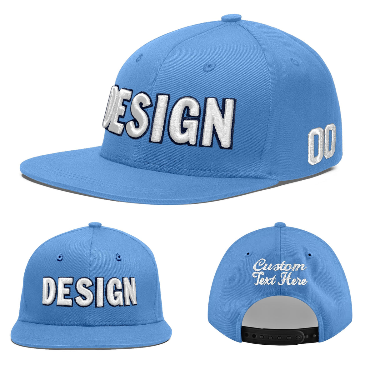 Custom Powder Blue 3D Puff Embroidery Flat Embroidery Casual Sport Baseball Cap
