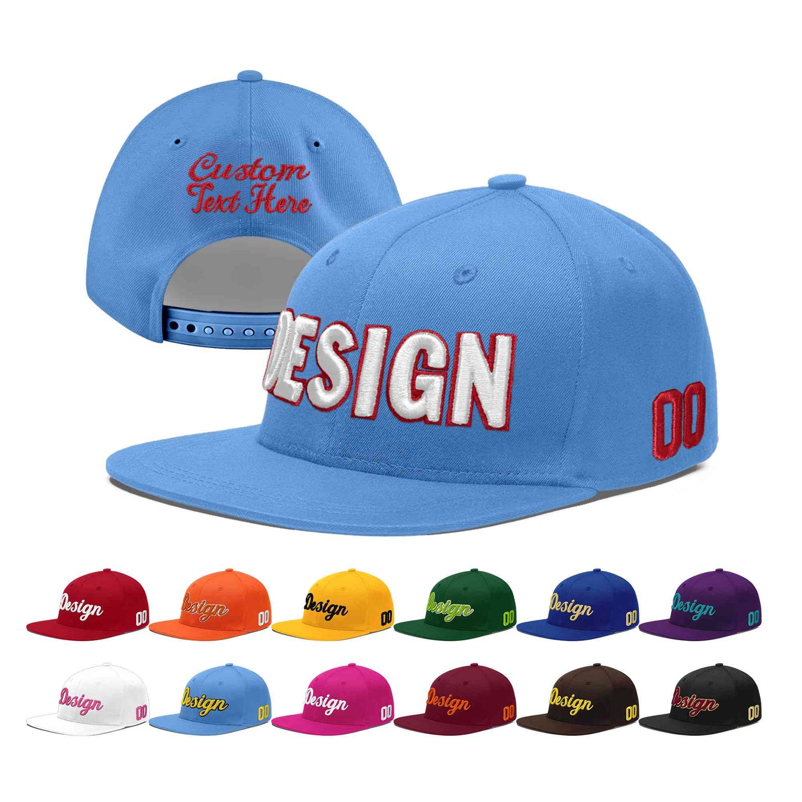 Custom Powder Blue 3D Puff Embroidery Flat Embroidery Casual Sport Baseball Cap