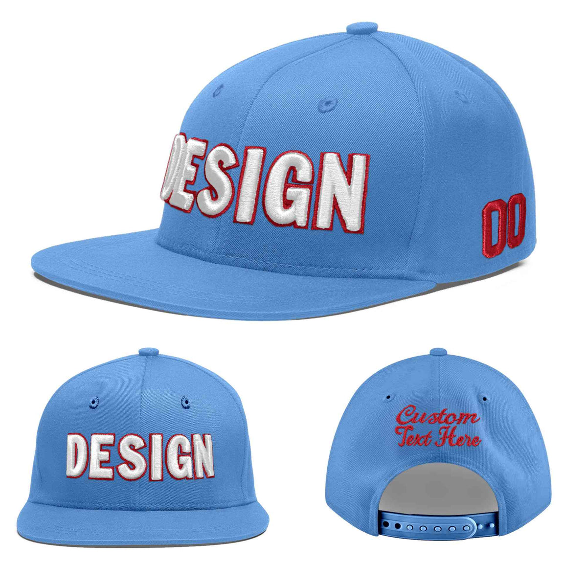 Custom Powder Blue 3D Puff Embroidery Flat Embroidery Casual Sport Baseball Cap