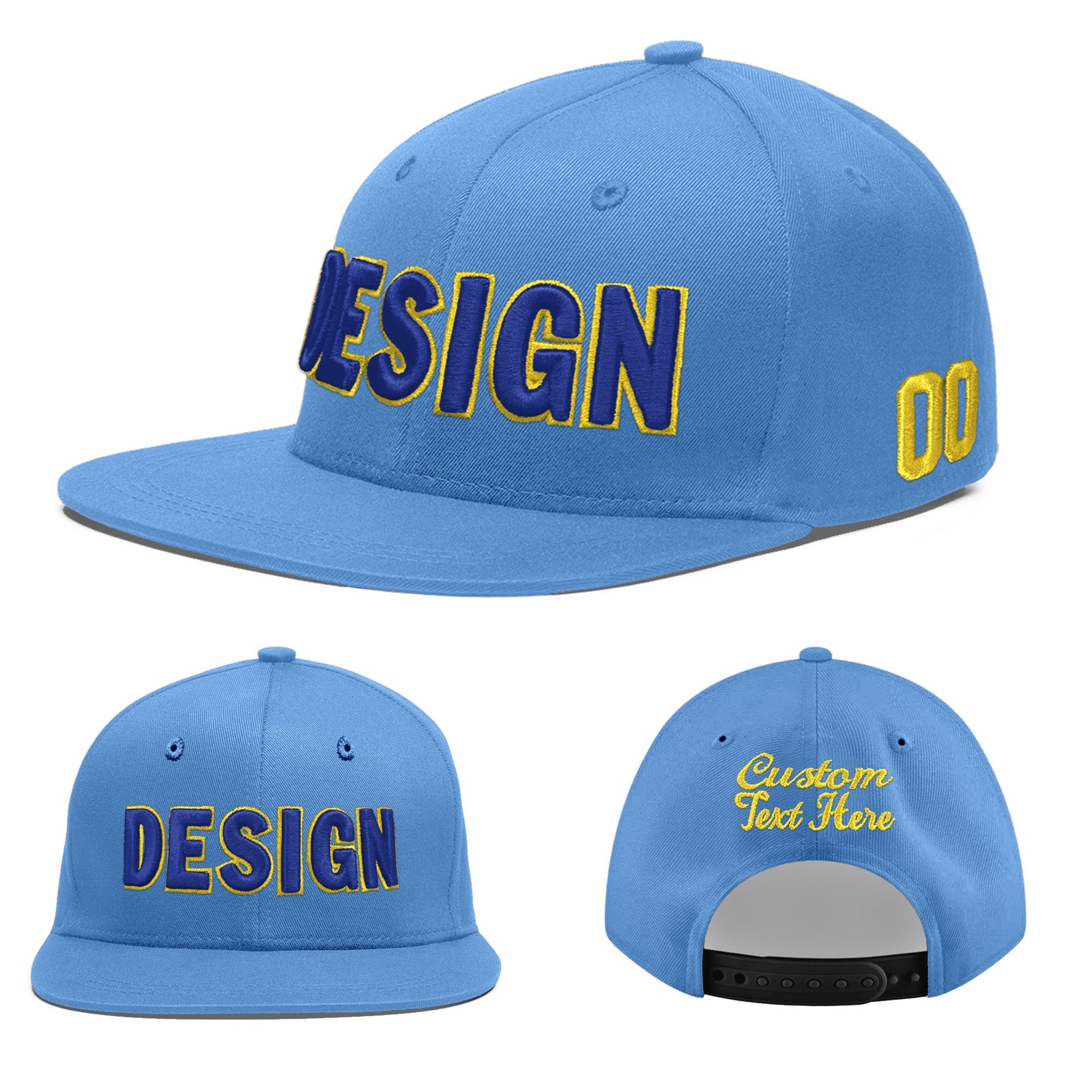 Custom Powder Blue 3D Puff Embroidery Flat Embroidery Casual Sport Baseball Cap